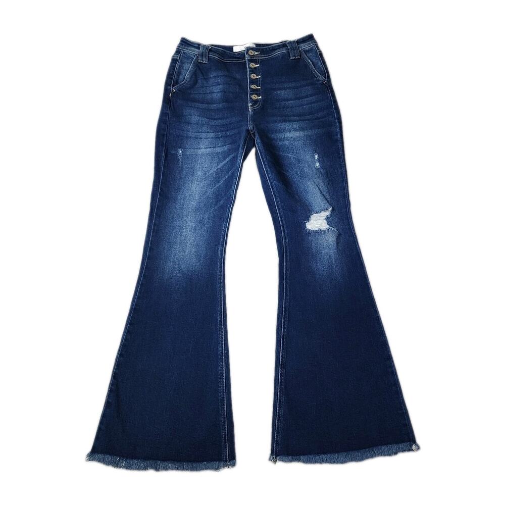 Kancan Flare Leg Jeans High Rise Button Fly Dark Wash Blue Denim Womens Size 30